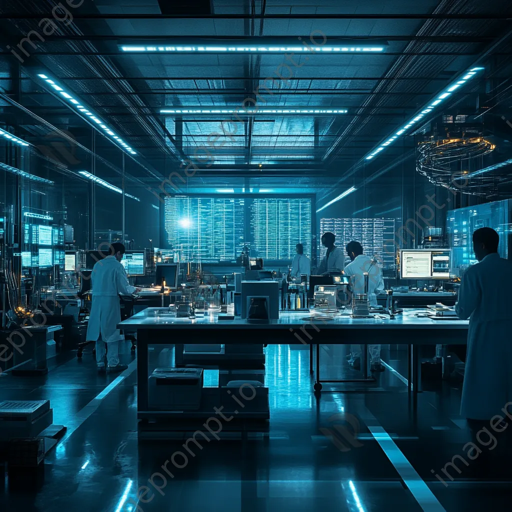 Tech lab scene with digital grids on screens and scientists, photographed with a Nikon Z6 II. - Image 2