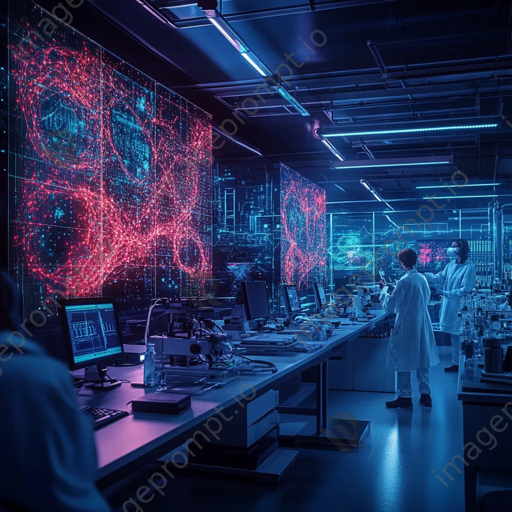 Tech lab scene with digital grids on screens and scientists, photographed with a Nikon Z6 II. - Image 3