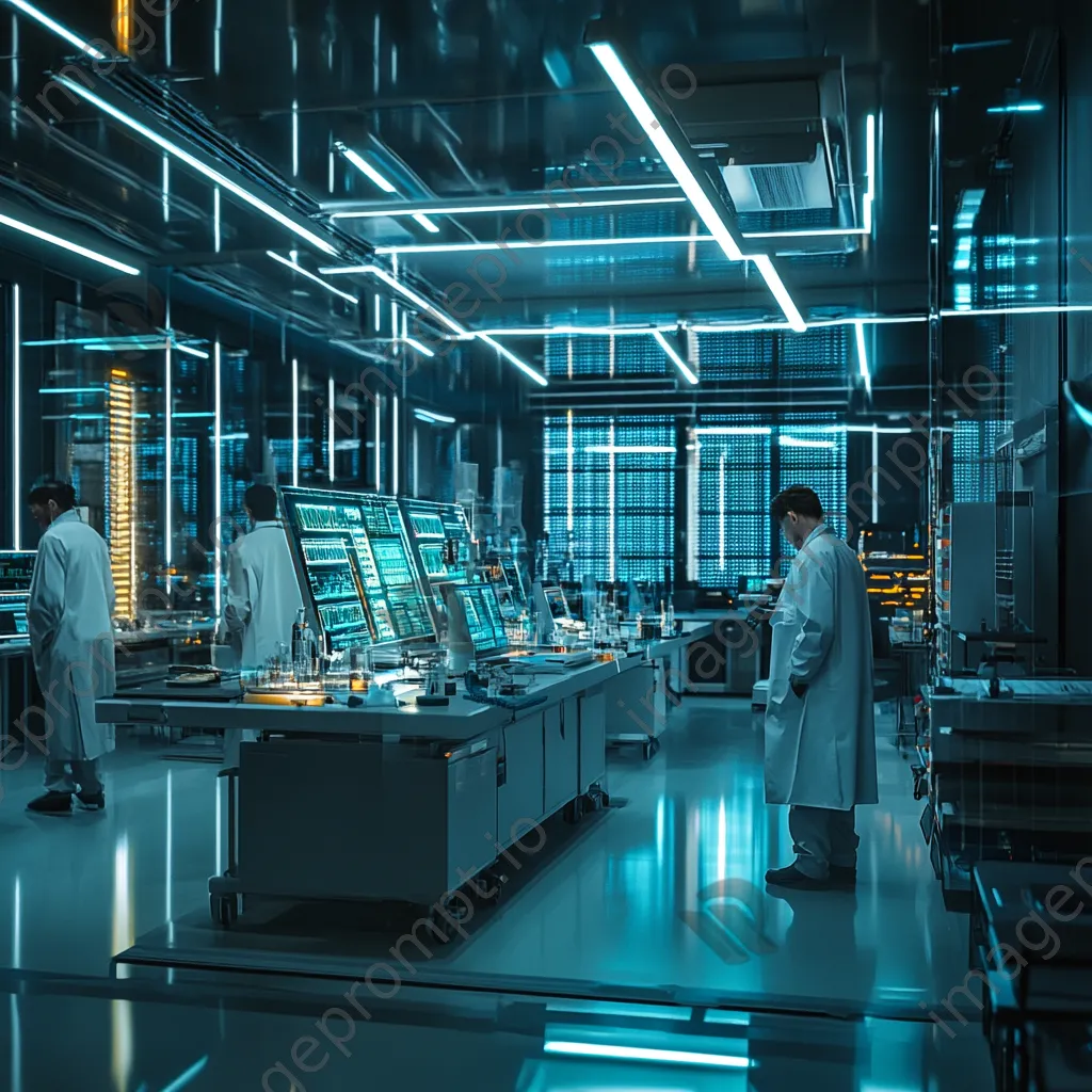 Tech lab scene with digital grids on screens and scientists, photographed with a Nikon Z6 II. - Image 4