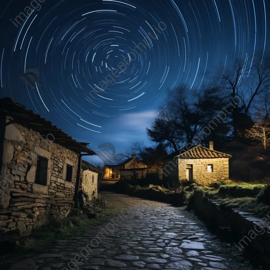 Star trails dancing above a quiet village with ancient stone cottages - Image 1