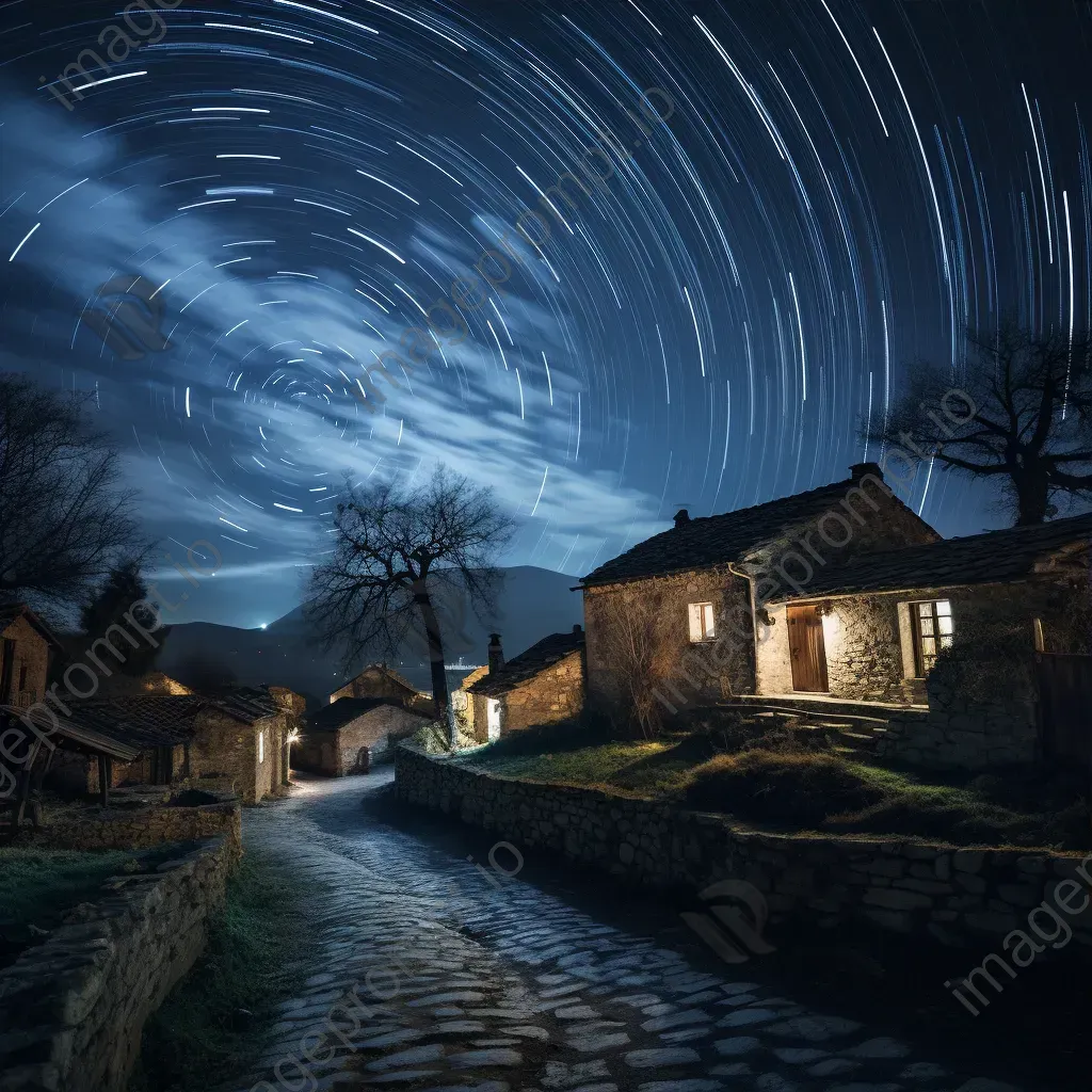 Star trails dancing above a quiet village with ancient stone cottages - Image 3