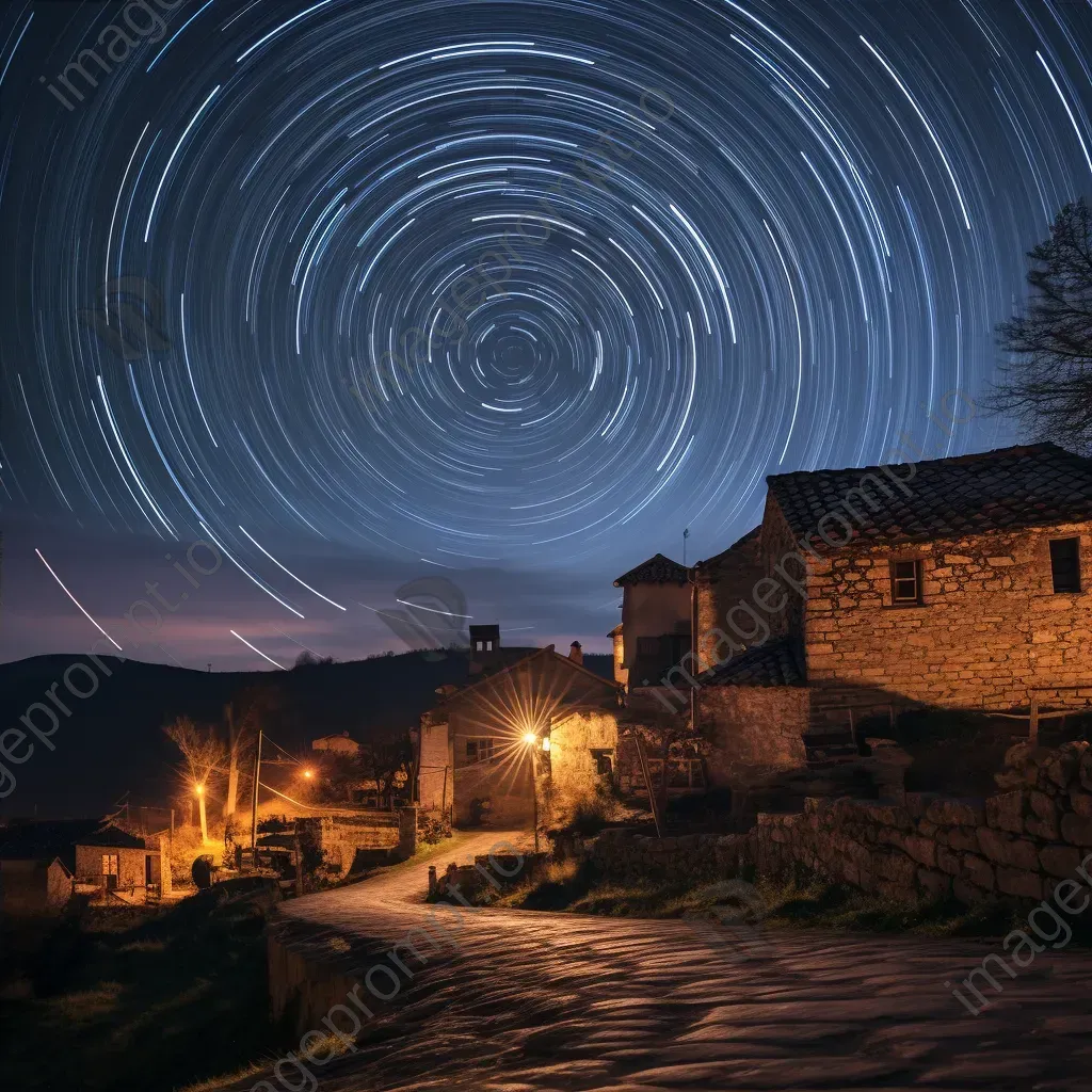 Star trails dancing above a quiet village with ancient stone cottages - Image 4