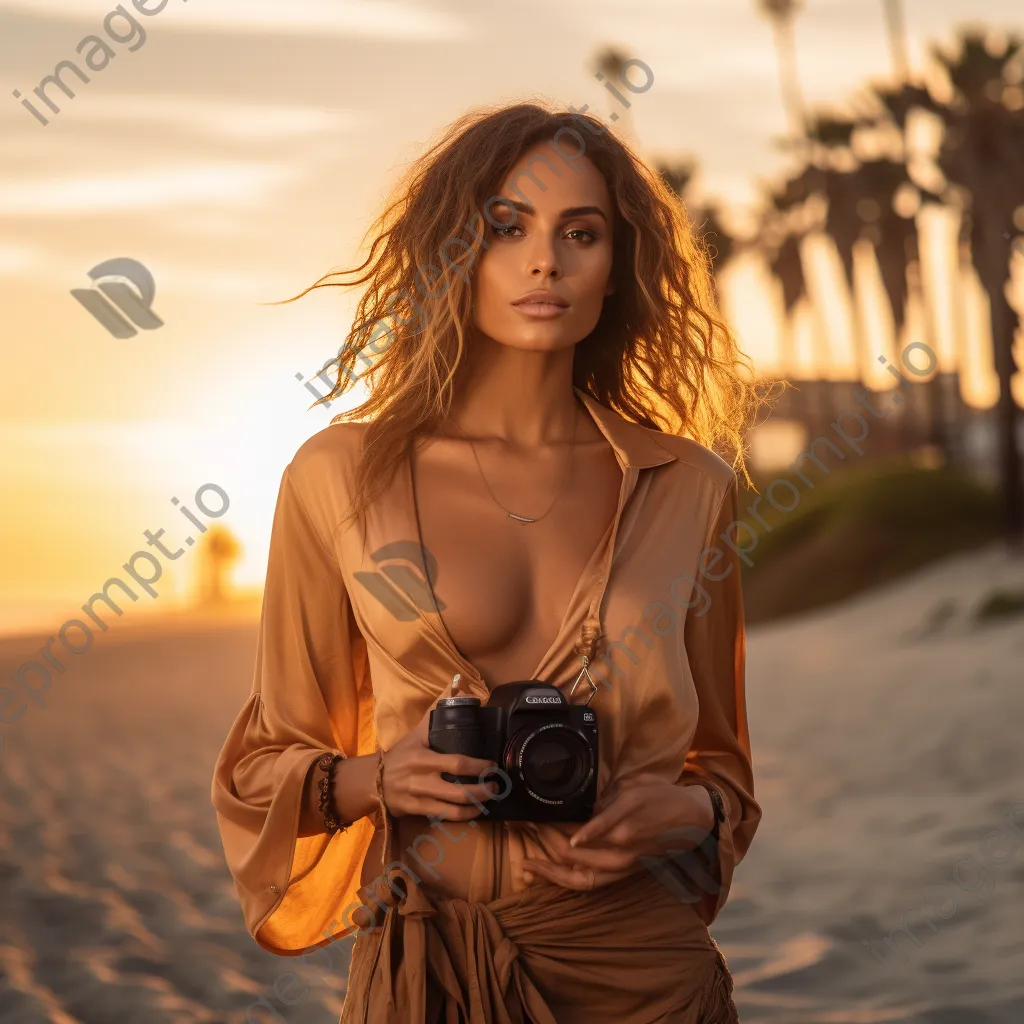 Influencer promoting eco-friendly products on beach - Image 1