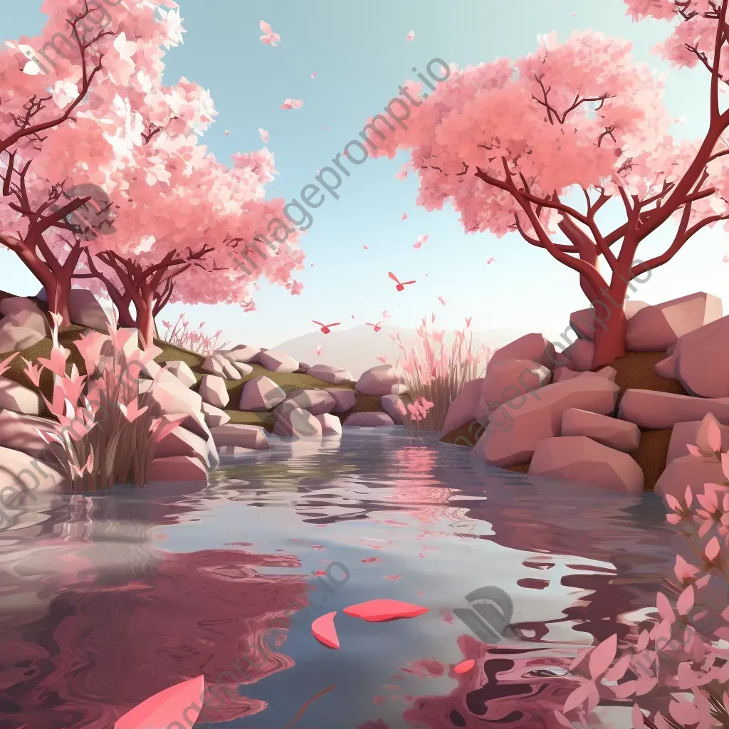 Low poly depiction of a cherry blossom feast with elegant branches and a tranquil pond - Image 1