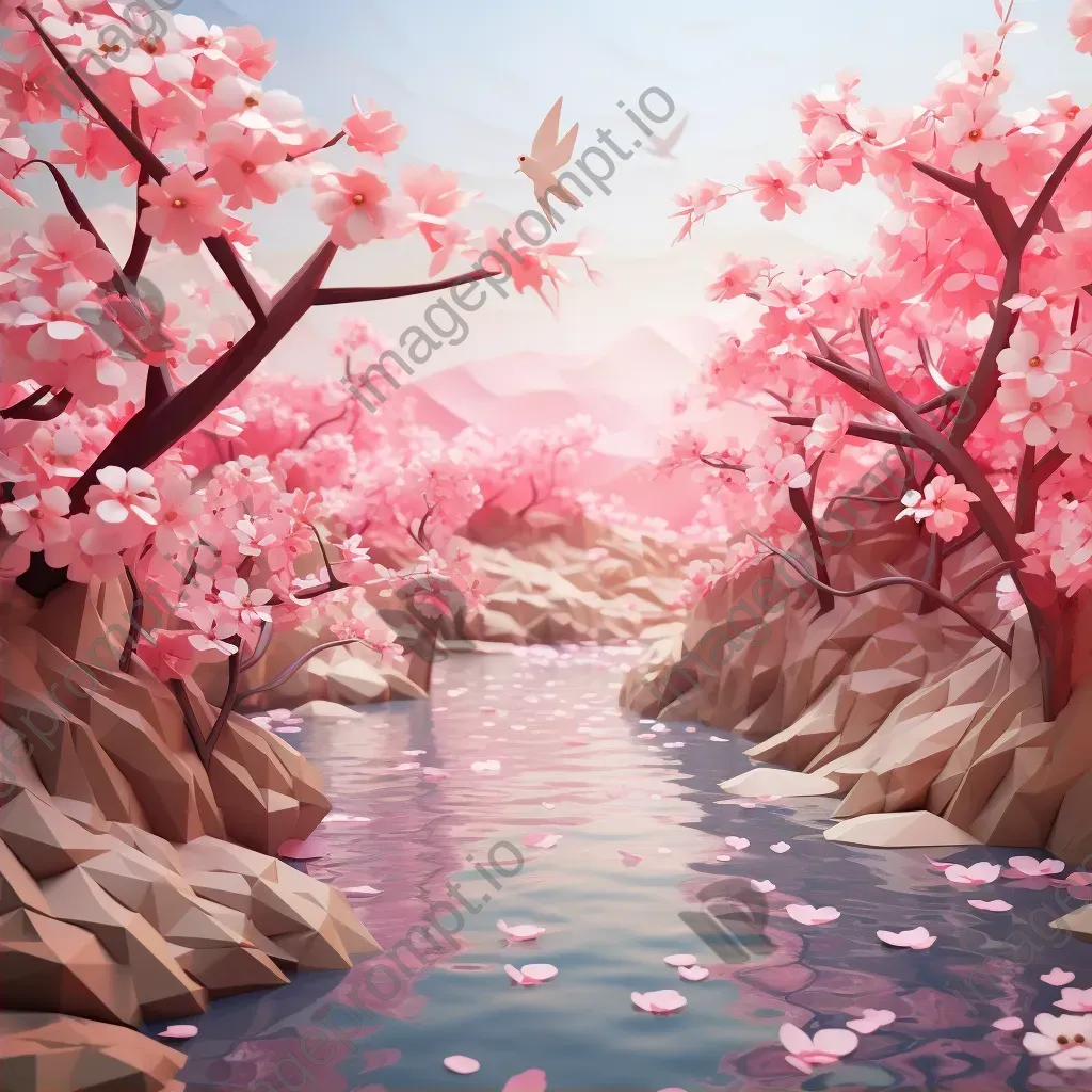 Low poly depiction of a cherry blossom feast with elegant branches and a tranquil pond - Image 2