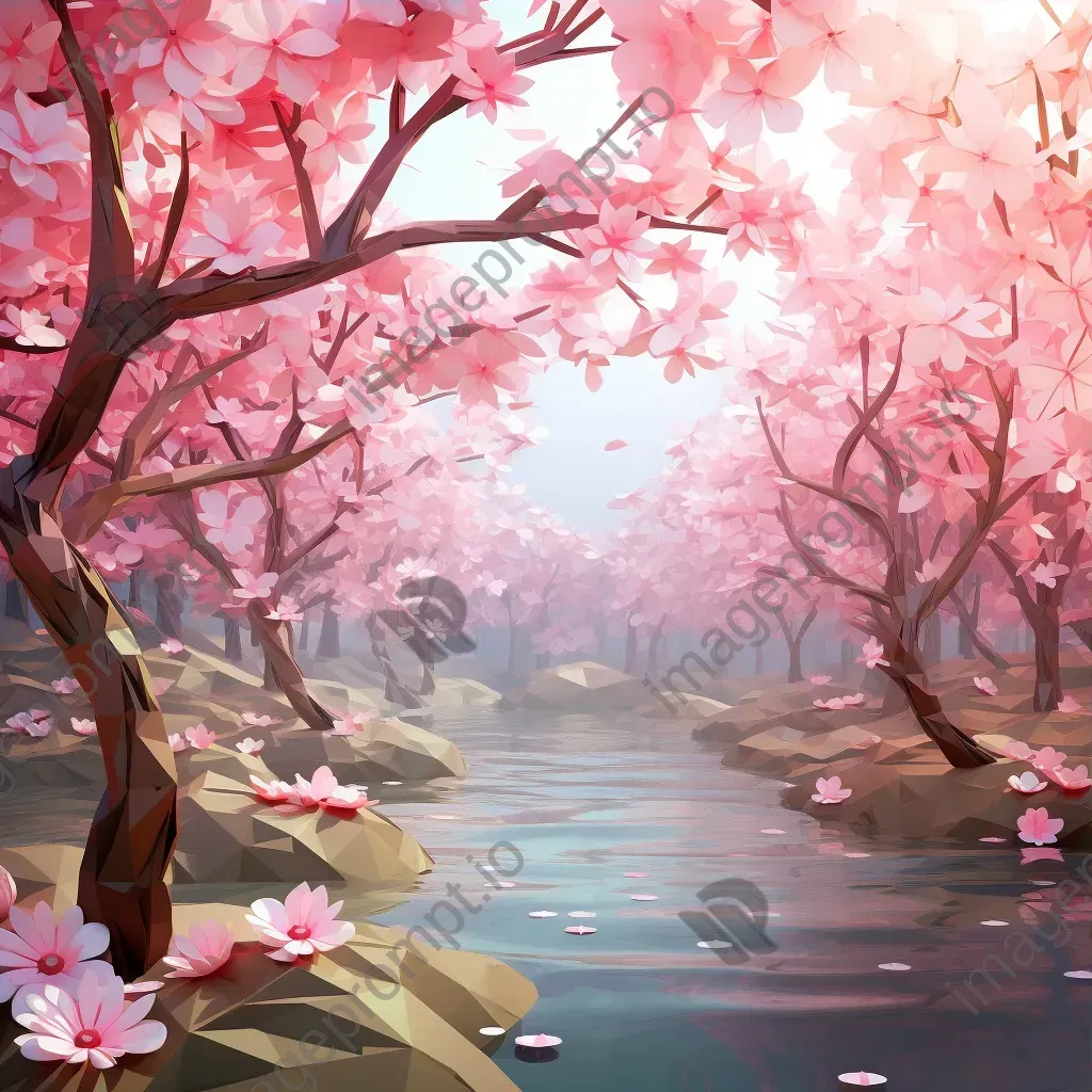 Low poly depiction of a cherry blossom feast with elegant branches and a tranquil pond - Image 3