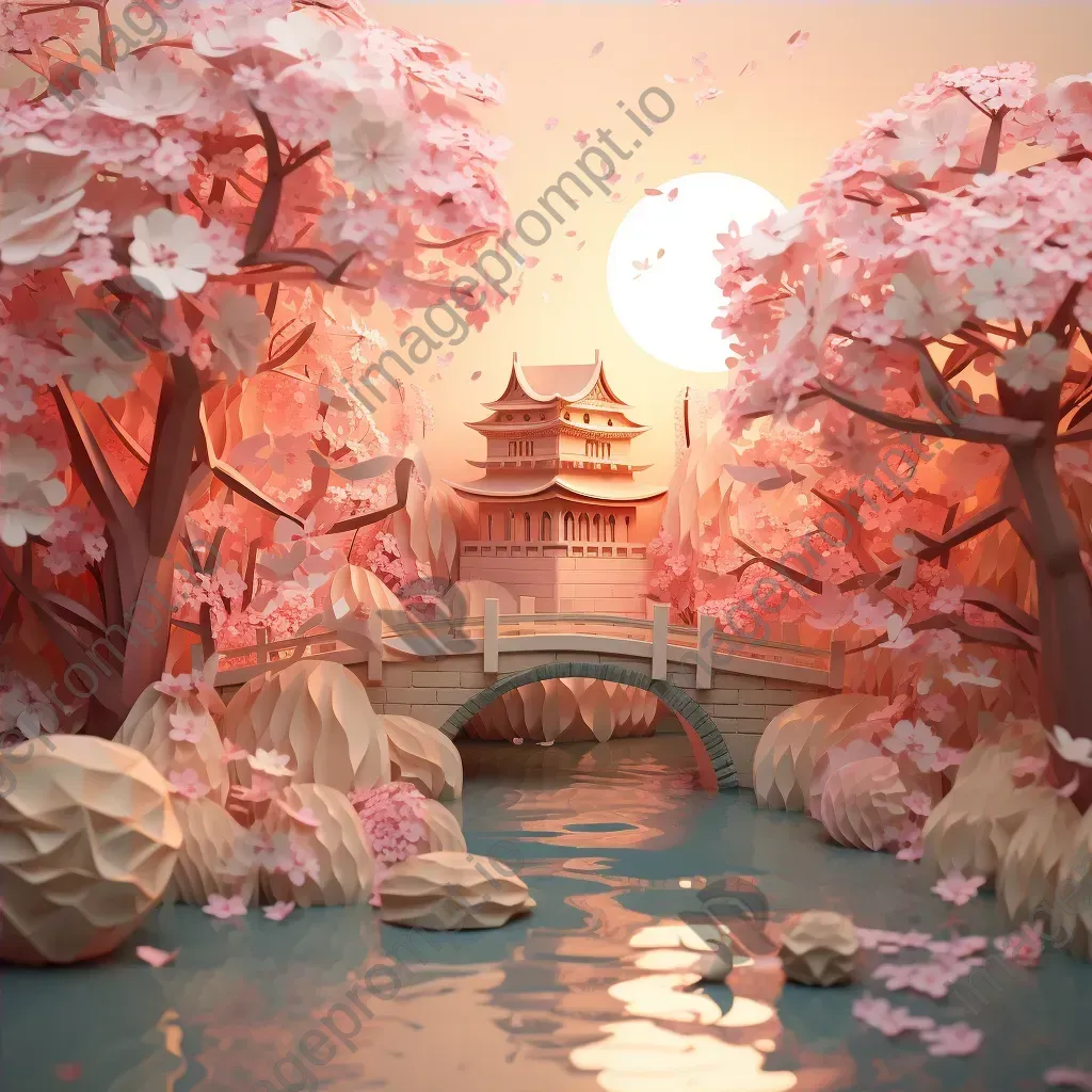 Low poly depiction of a cherry blossom feast with elegant branches and a tranquil pond - Image 4