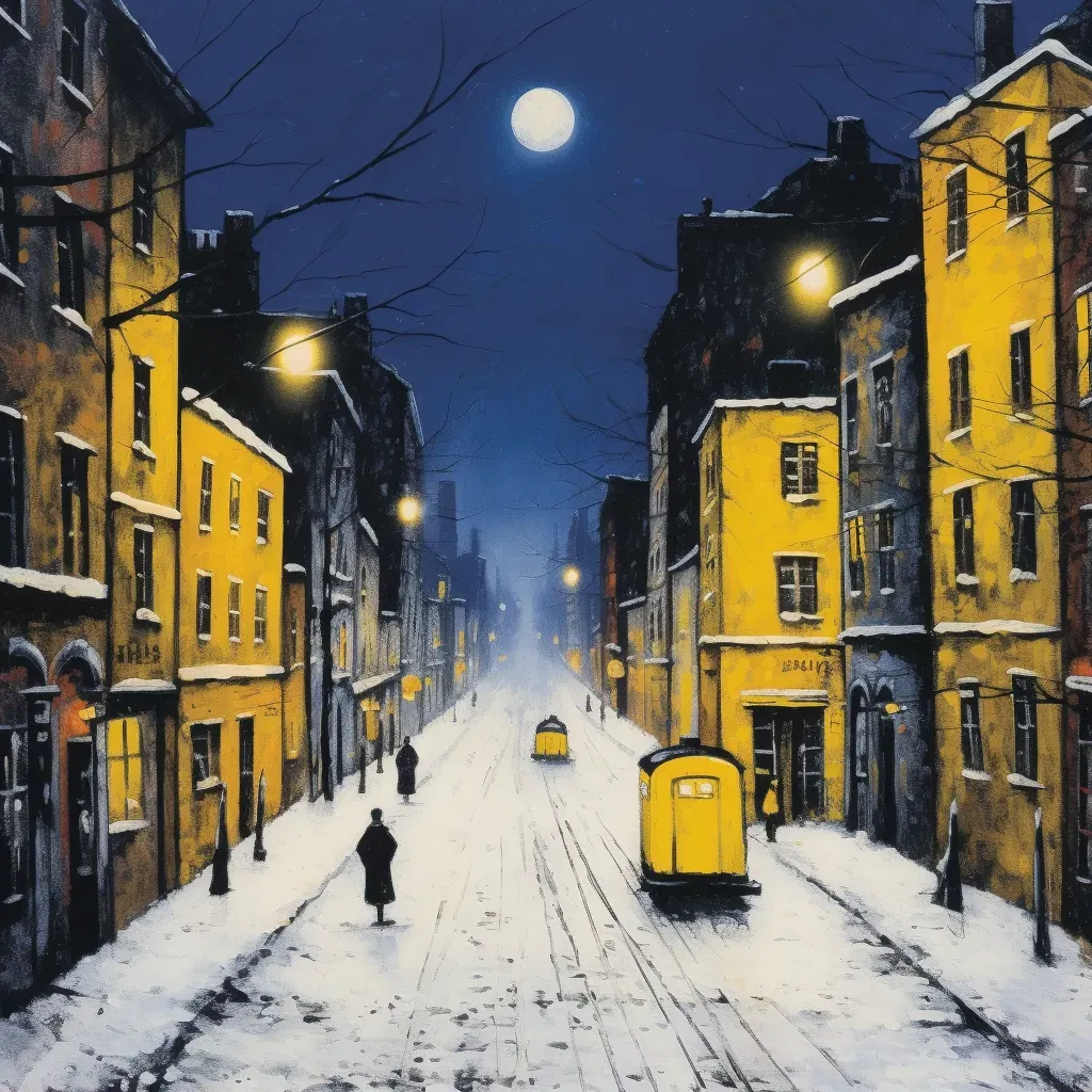 Snow-covered city street at night with street lamps - Image 1