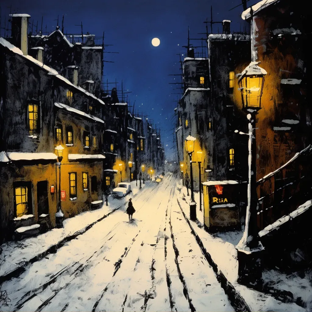 Snow-covered city street at night with street lamps - Image 2