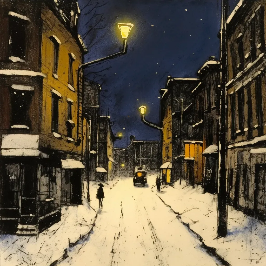 Snow-covered city street at night with street lamps - Image 3