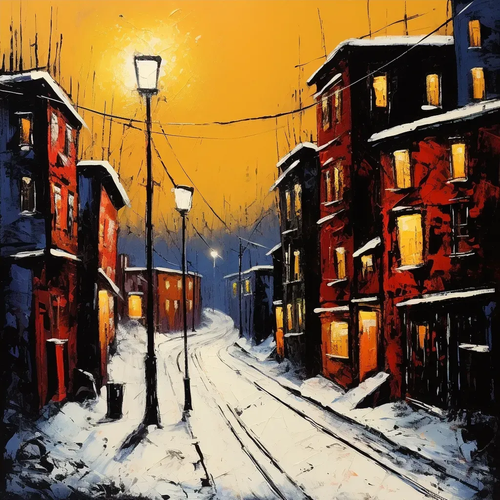 Snow-covered city street at night with street lamps - Image 4