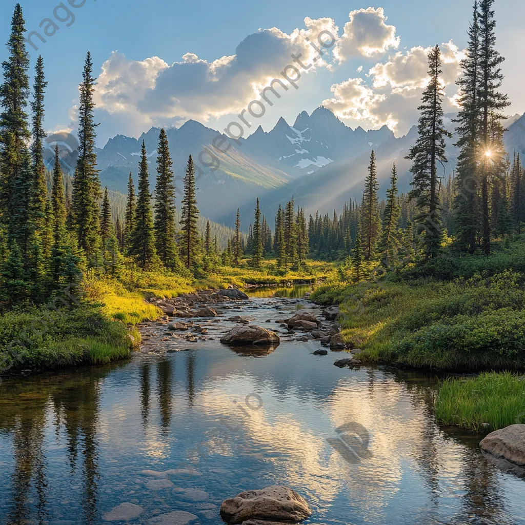 Peaceful mountain stream reflecting pine trees and distant peaks with sunlight. - Image 1