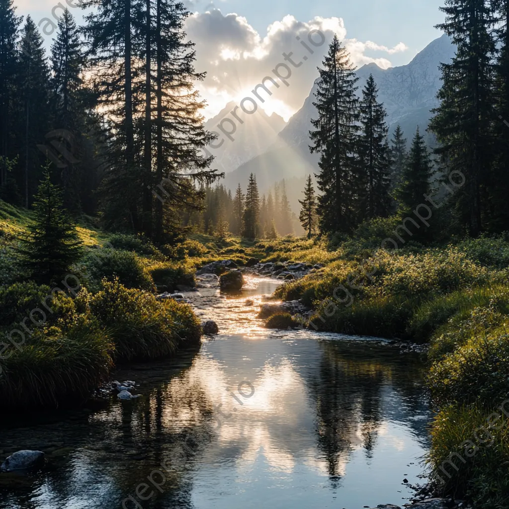 Peaceful mountain stream reflecting pine trees and distant peaks with sunlight. - Image 2