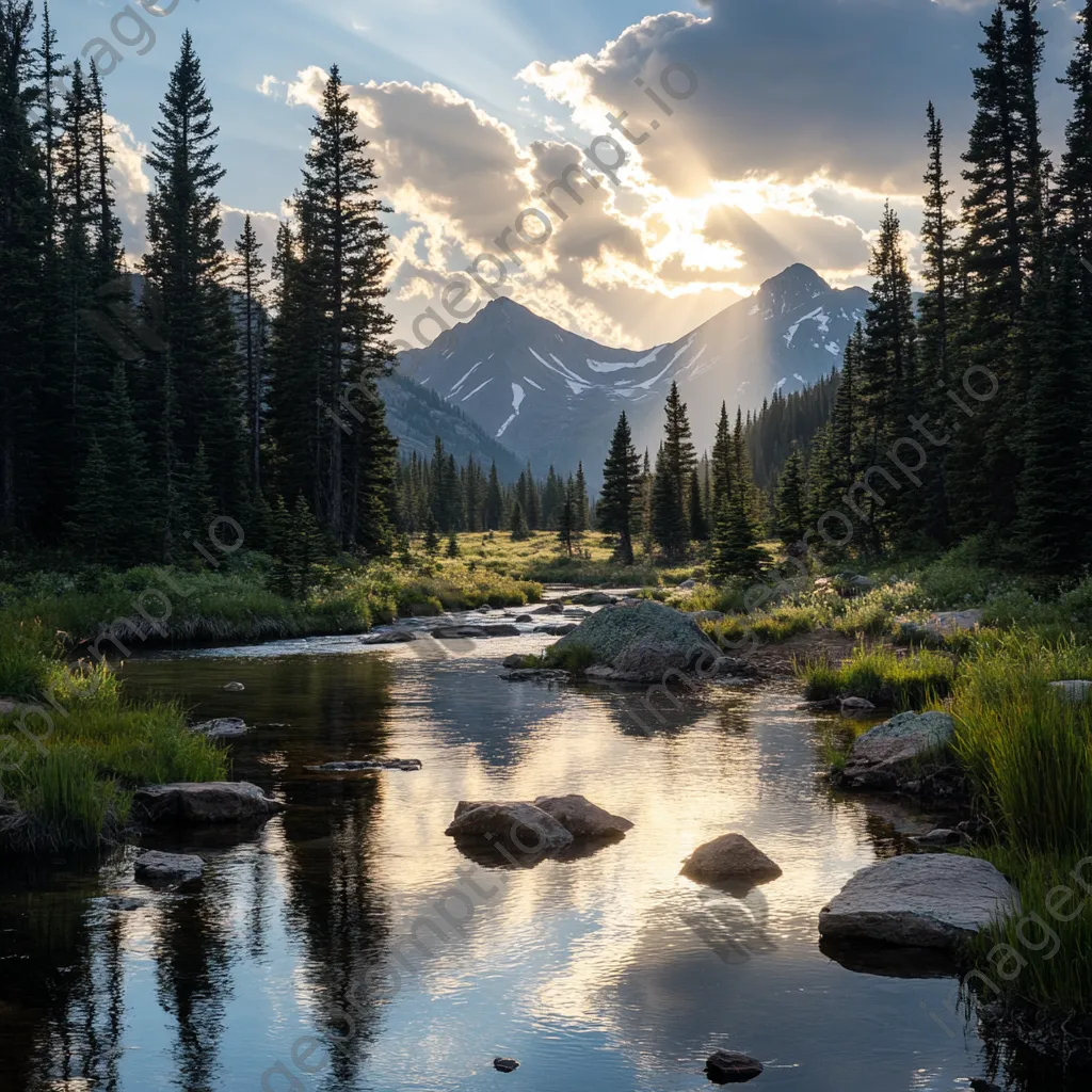 Peaceful mountain stream reflecting pine trees and distant peaks with sunlight. - Image 3