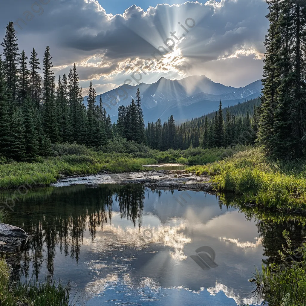 Peaceful mountain stream reflecting pine trees and distant peaks with sunlight. - Image 4