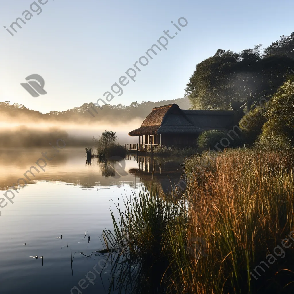 Thatched roof lodge reflecting on a calm lake at sunrise - Image 1