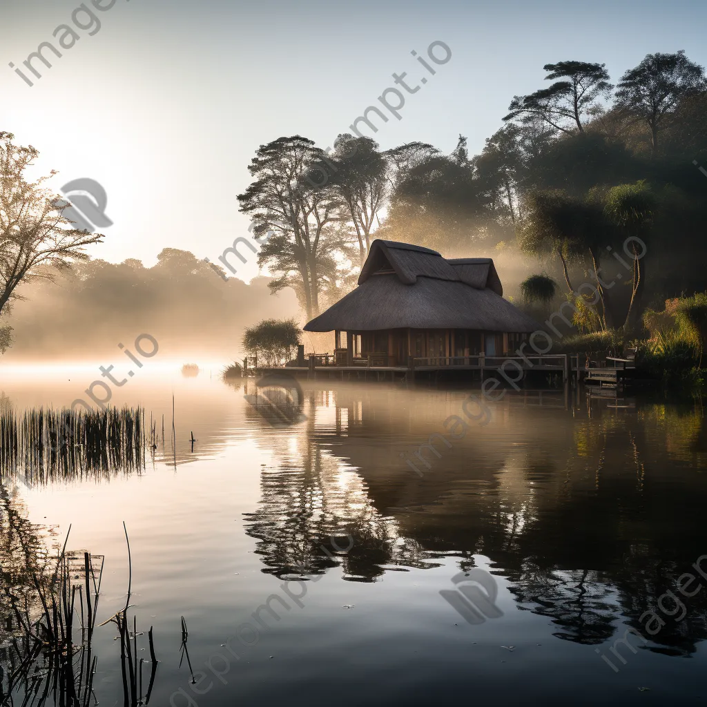 Thatched roof lodge reflecting on a calm lake at sunrise - Image 2