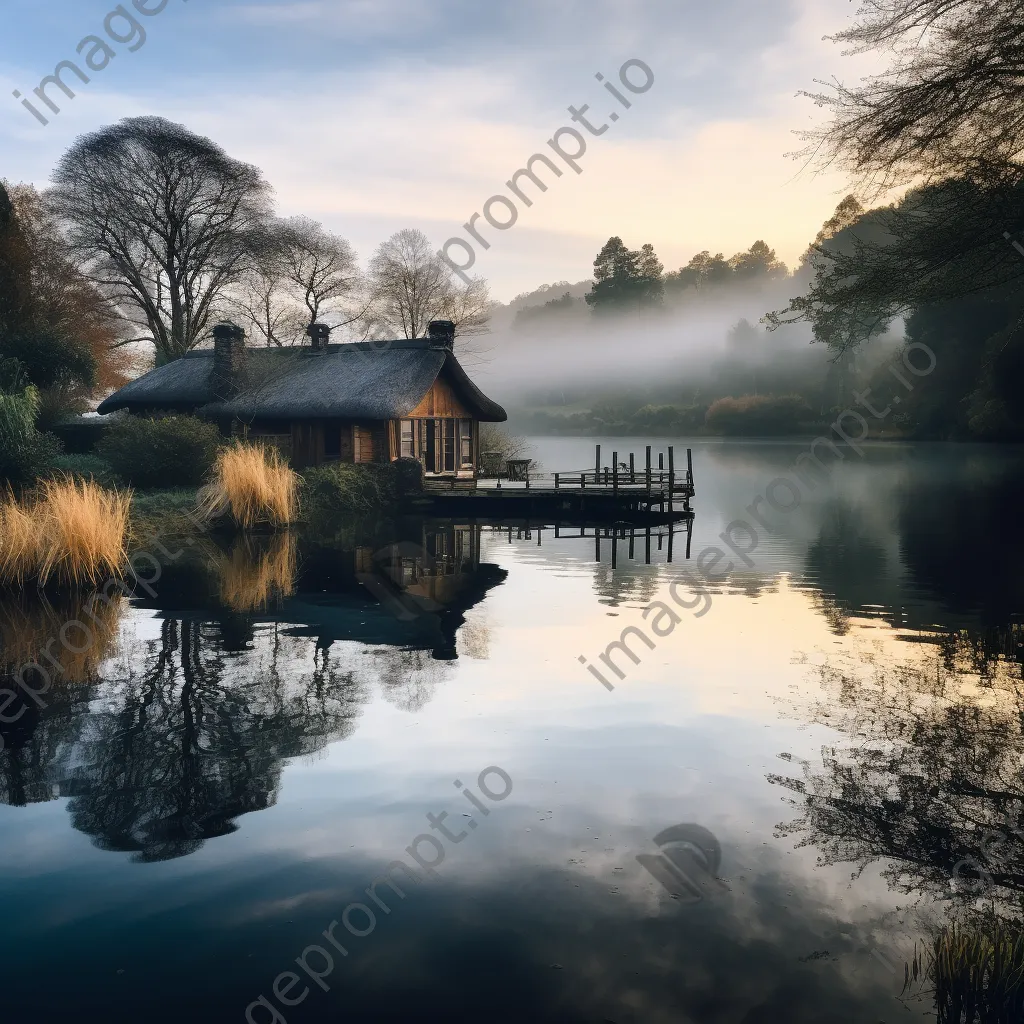 Thatched roof lodge reflecting on a calm lake at sunrise - Image 3