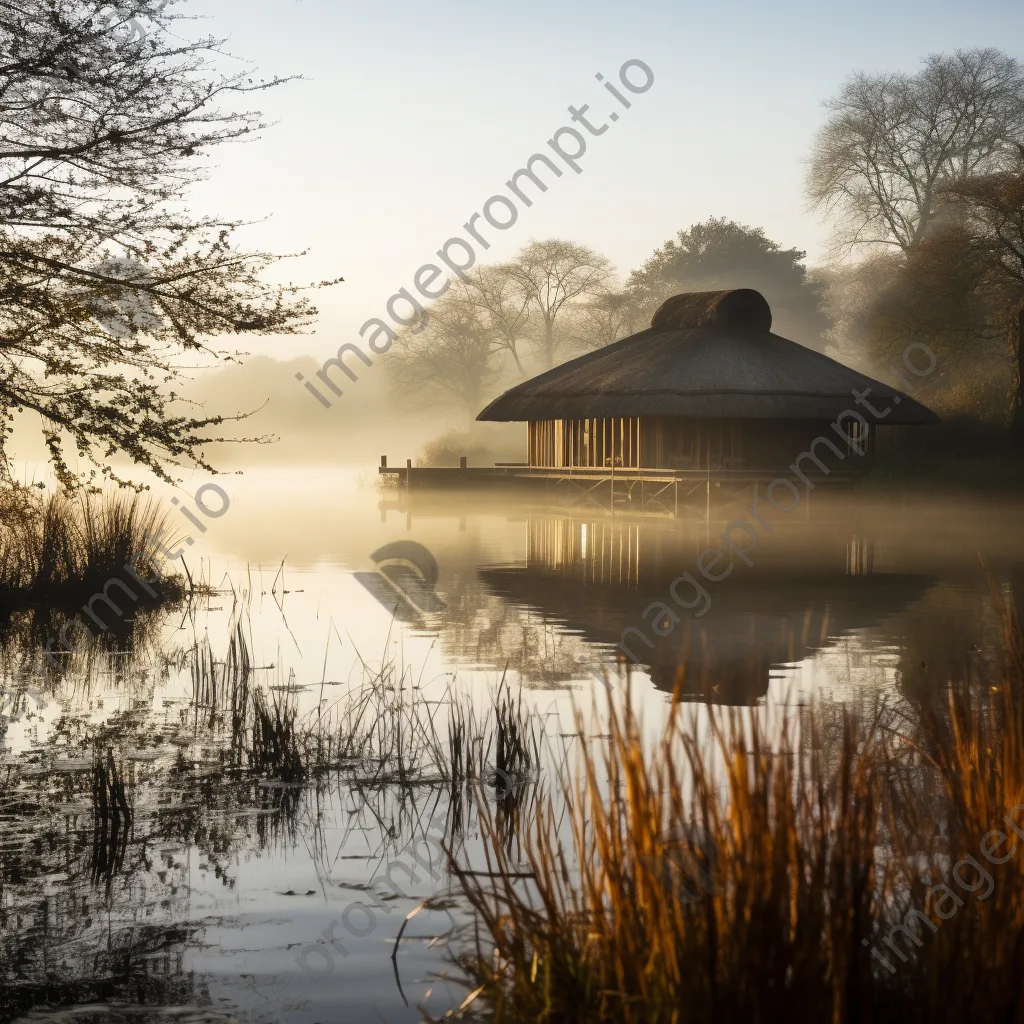 Thatched roof lodge reflecting on a calm lake at sunrise - Image 4