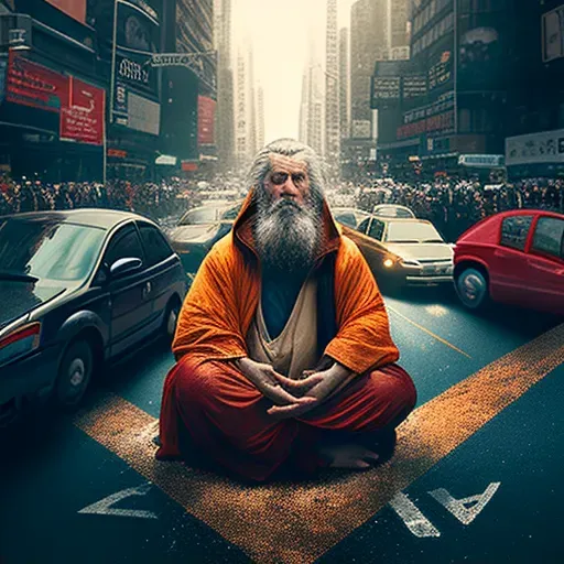 Image of meditating figure in a city intersection - Image 2