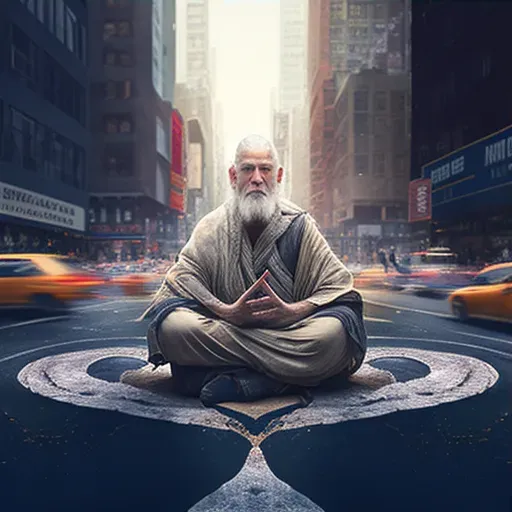 Image of meditating figure in a city intersection - Image 3