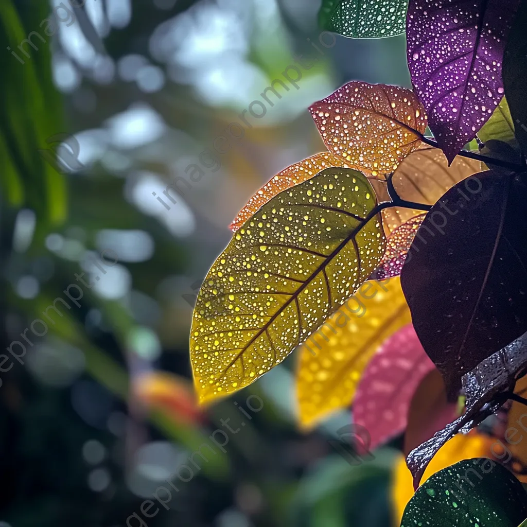 Close-up of patterned tropical leaves with raindrops - Image 1