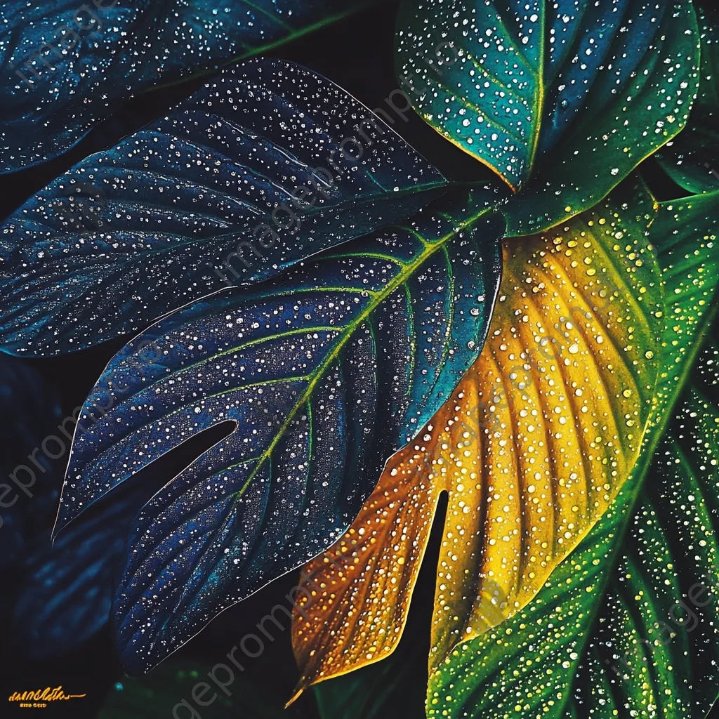 Close-up of patterned tropical leaves with raindrops - Image 2