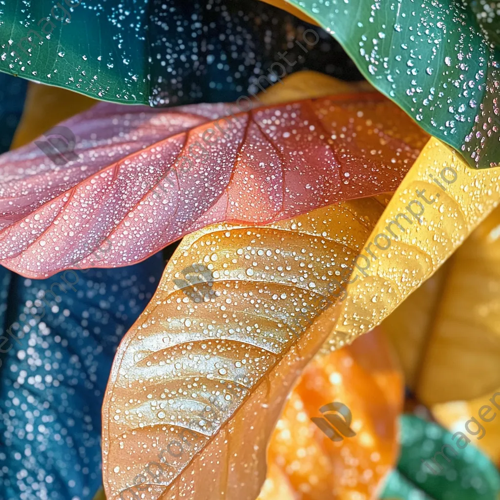 Close-up of patterned tropical leaves with raindrops - Image 3