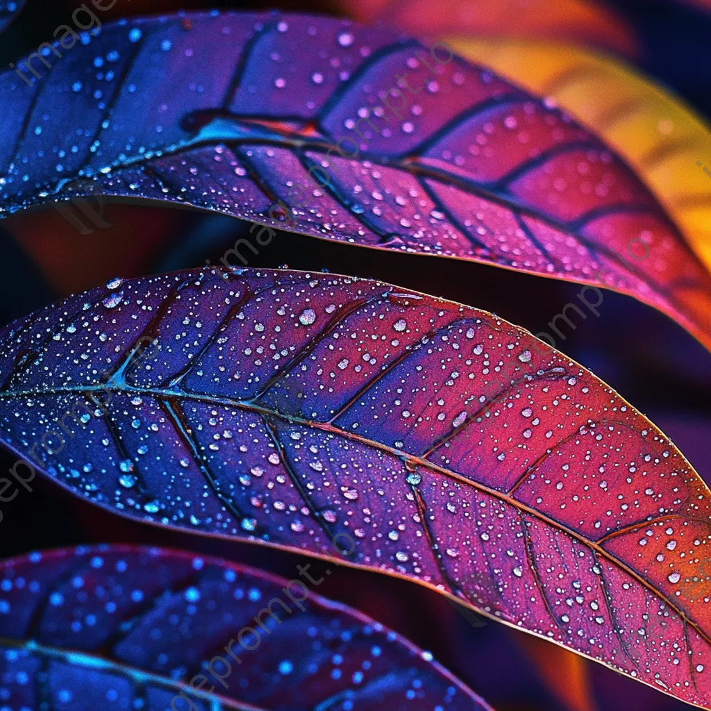 Close-up of patterned tropical leaves with raindrops - Image 4