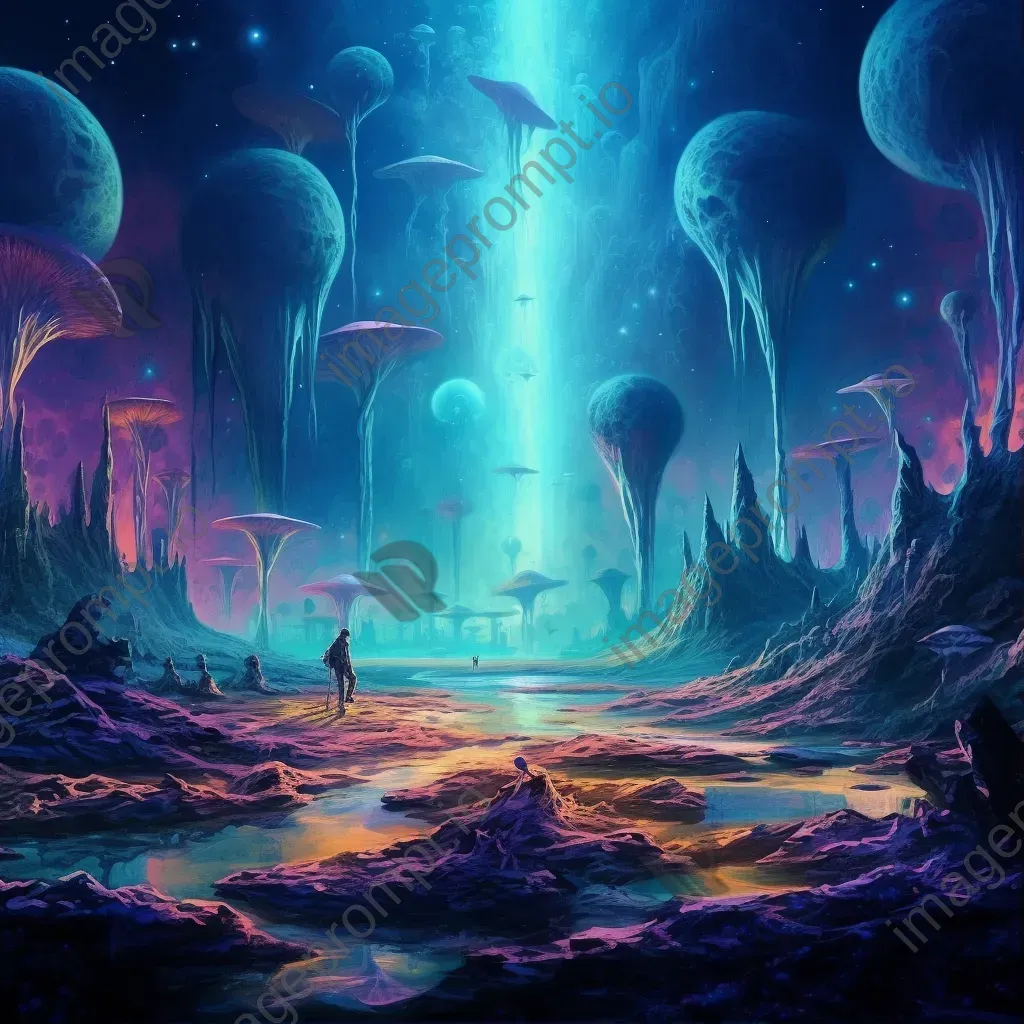 Extraterrestrial planet with bioluminescent flora and alien landscapes - Image 1