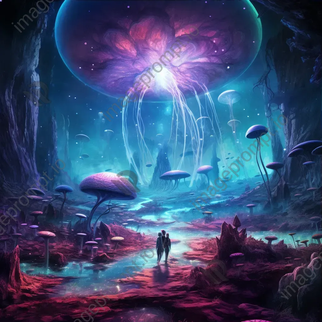 Extraterrestrial planet with bioluminescent flora and alien landscapes - Image 3