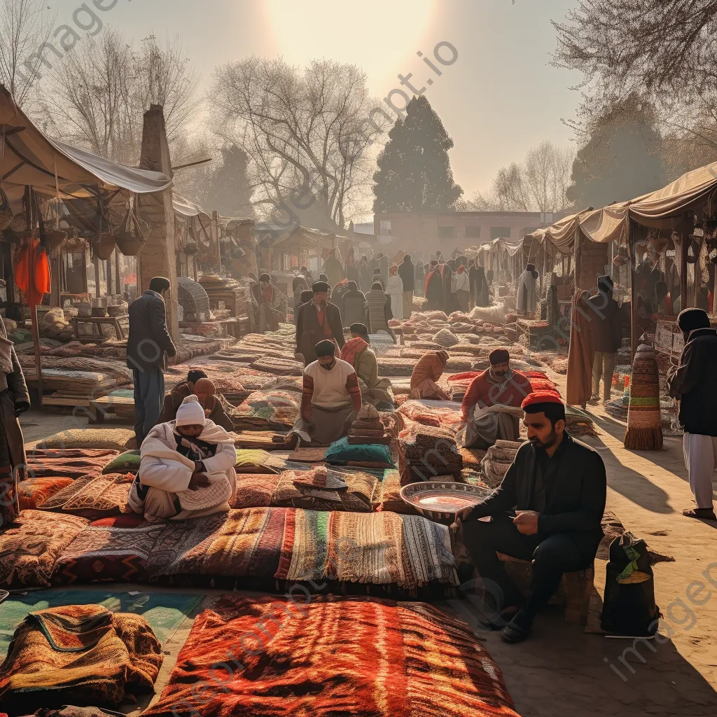 Vendors displaying handmade carpets at a market. - Image 1