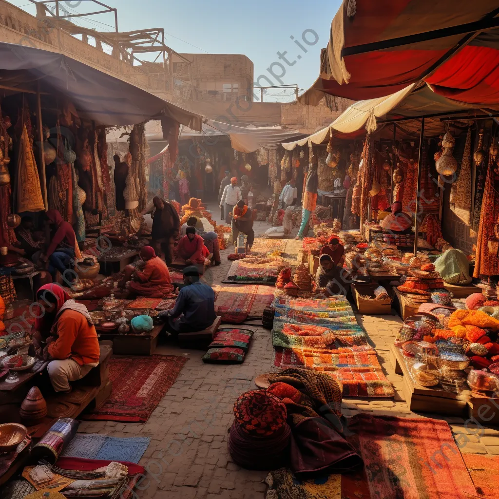 Vendors displaying handmade carpets at a market. - Image 2