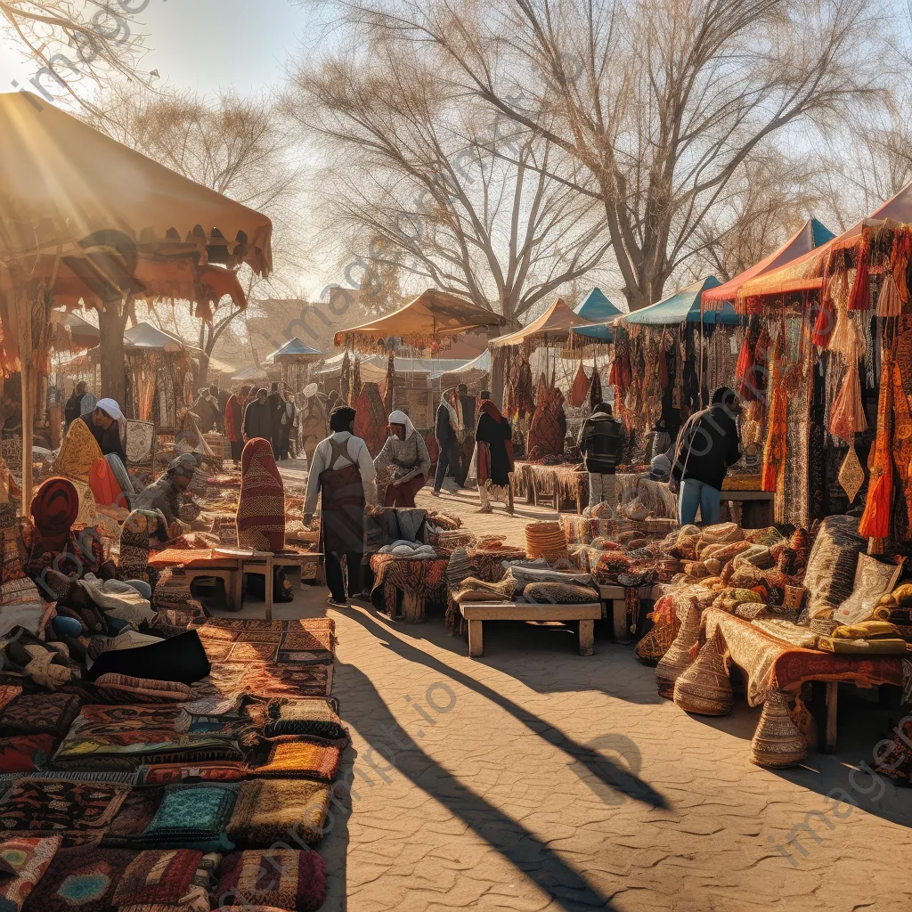 Vendors displaying handmade carpets at a market. - Image 3