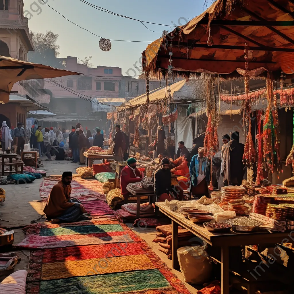 Vendors displaying handmade carpets at a market. - Image 4