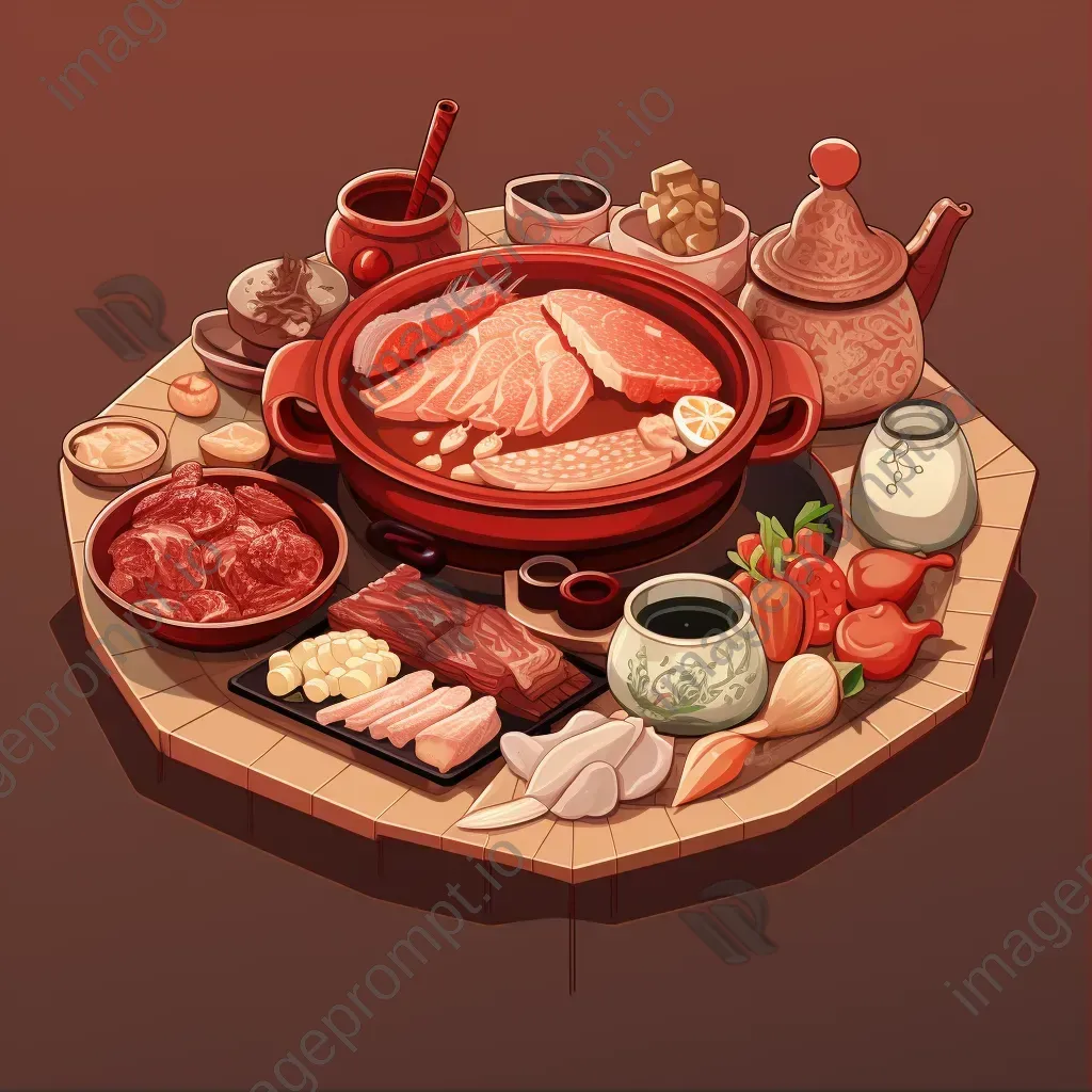 Chinese hotpot ingredients in low poly style, reflecting Tang Dynasty ceramics - Image 1