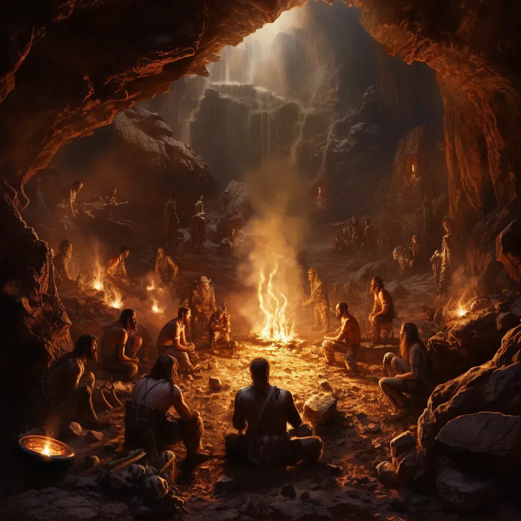 Early humans discovering fire around bright flame in cave - Image 1