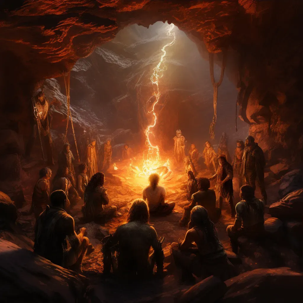 Early humans discovering fire around bright flame in cave - Image 3