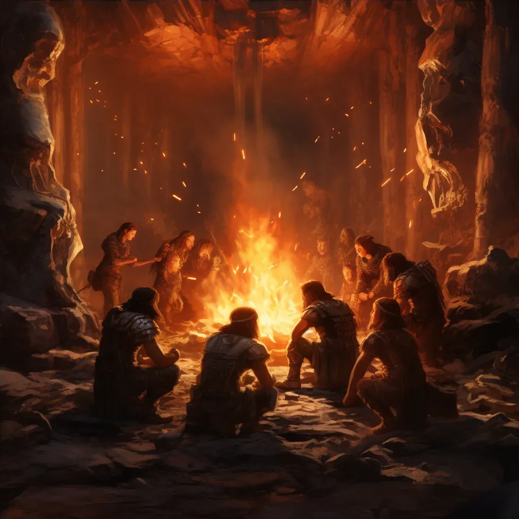 Early humans discovering fire around bright flame in cave - Image 4