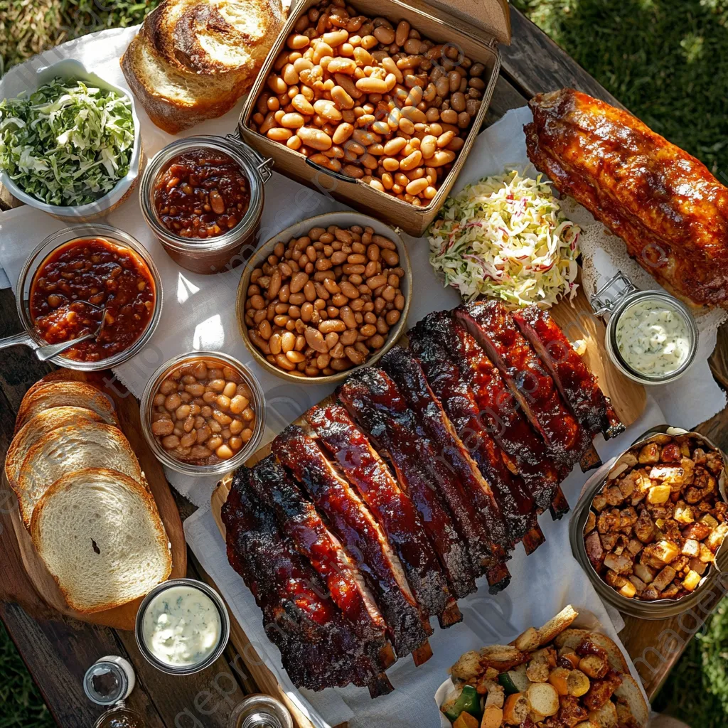 An overhead view of a picnic table filled with BBQ ribs and sides - Image 1