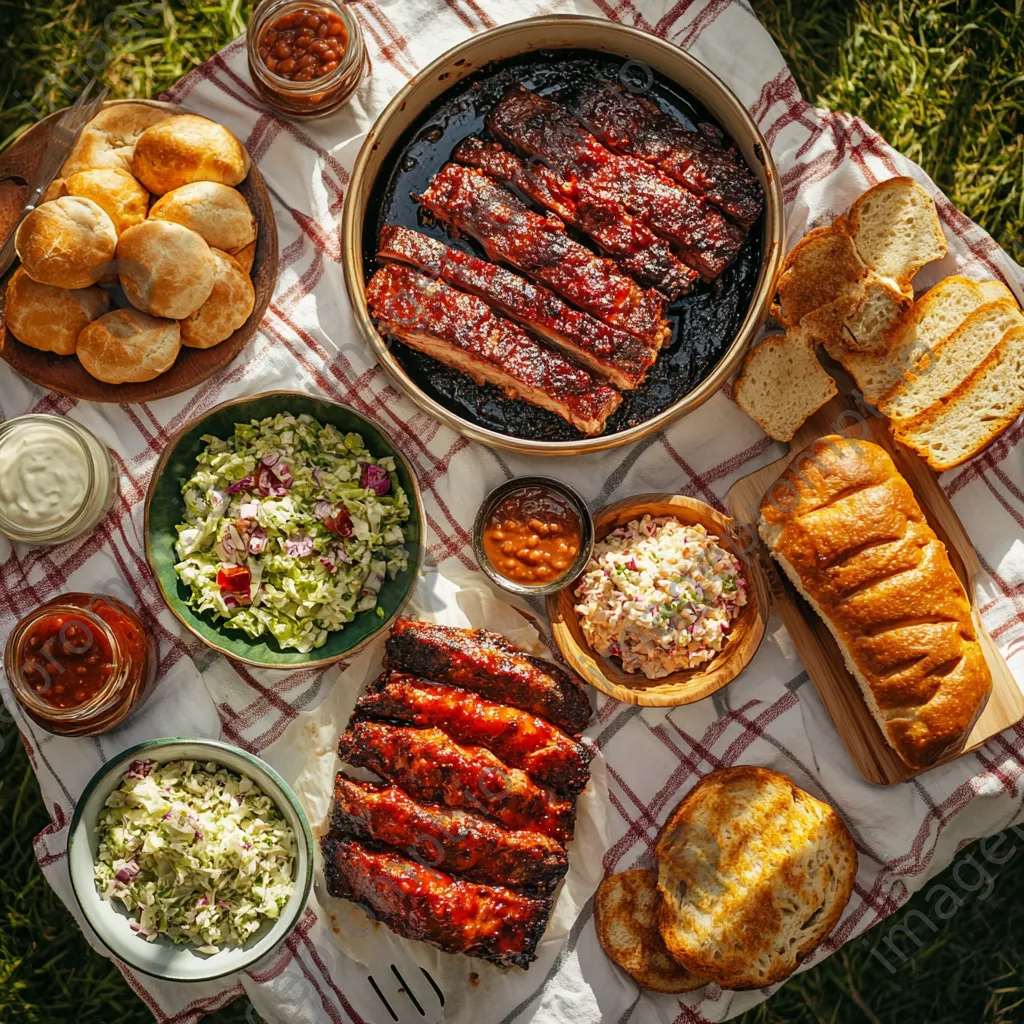 An overhead view of a picnic table filled with BBQ ribs and sides - Image 2