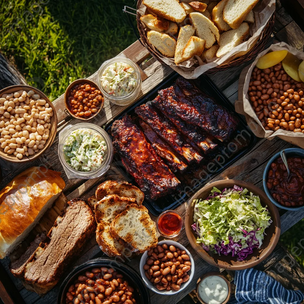 An overhead view of a picnic table filled with BBQ ribs and sides - Image 4