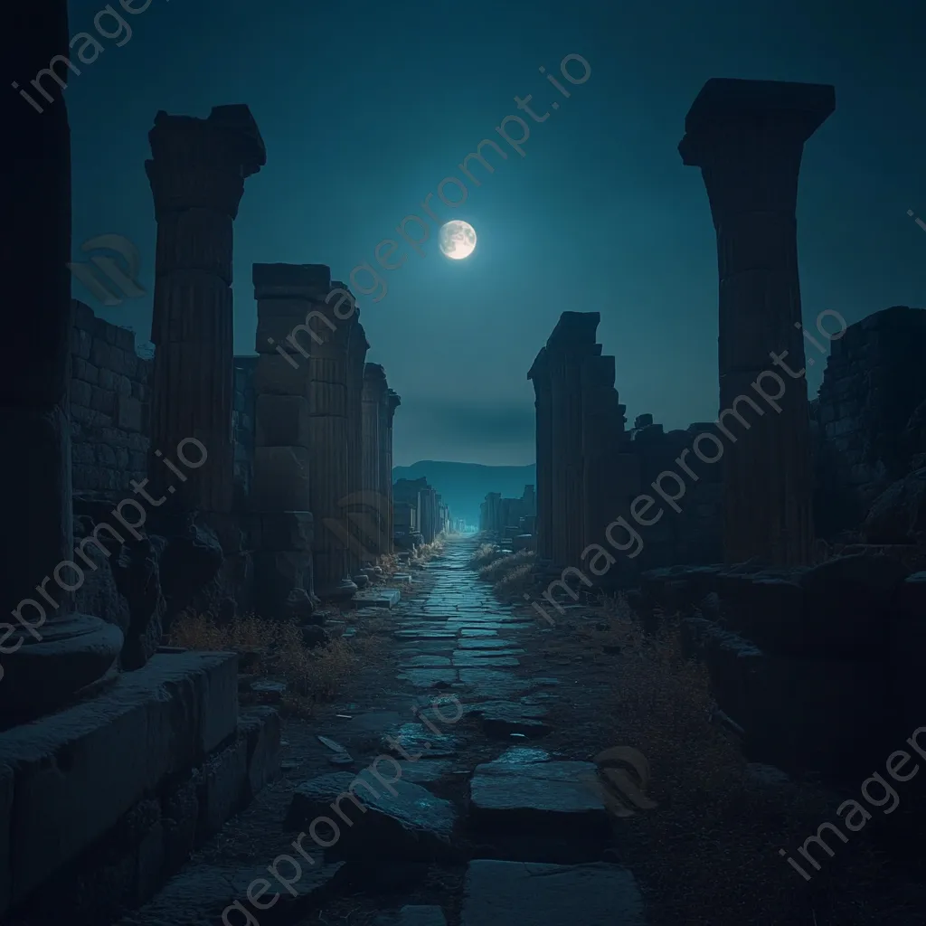 Narrow path through ancient ruins lit by moonlight - Image 1