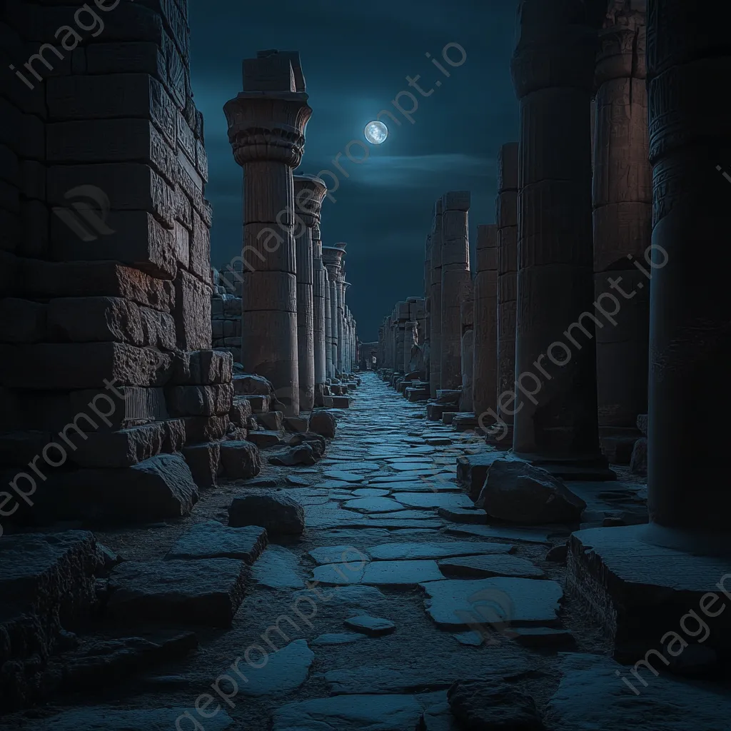 Narrow path through ancient ruins lit by moonlight - Image 2