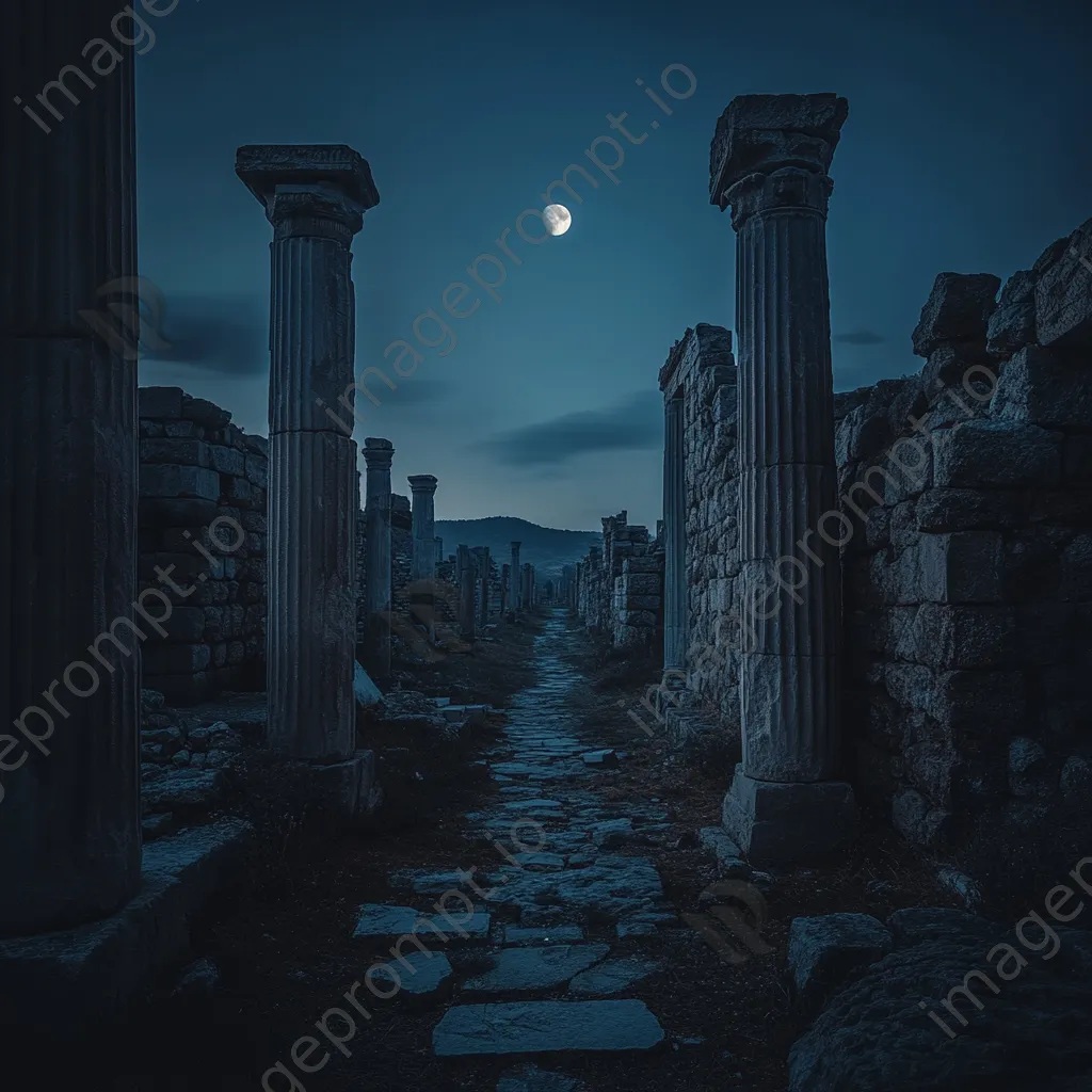 Narrow path through ancient ruins lit by moonlight - Image 3