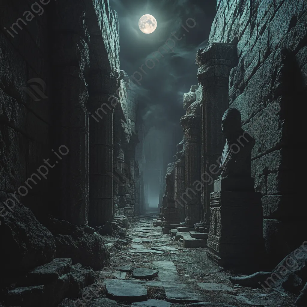 Narrow path through ancient ruins lit by moonlight - Image 4