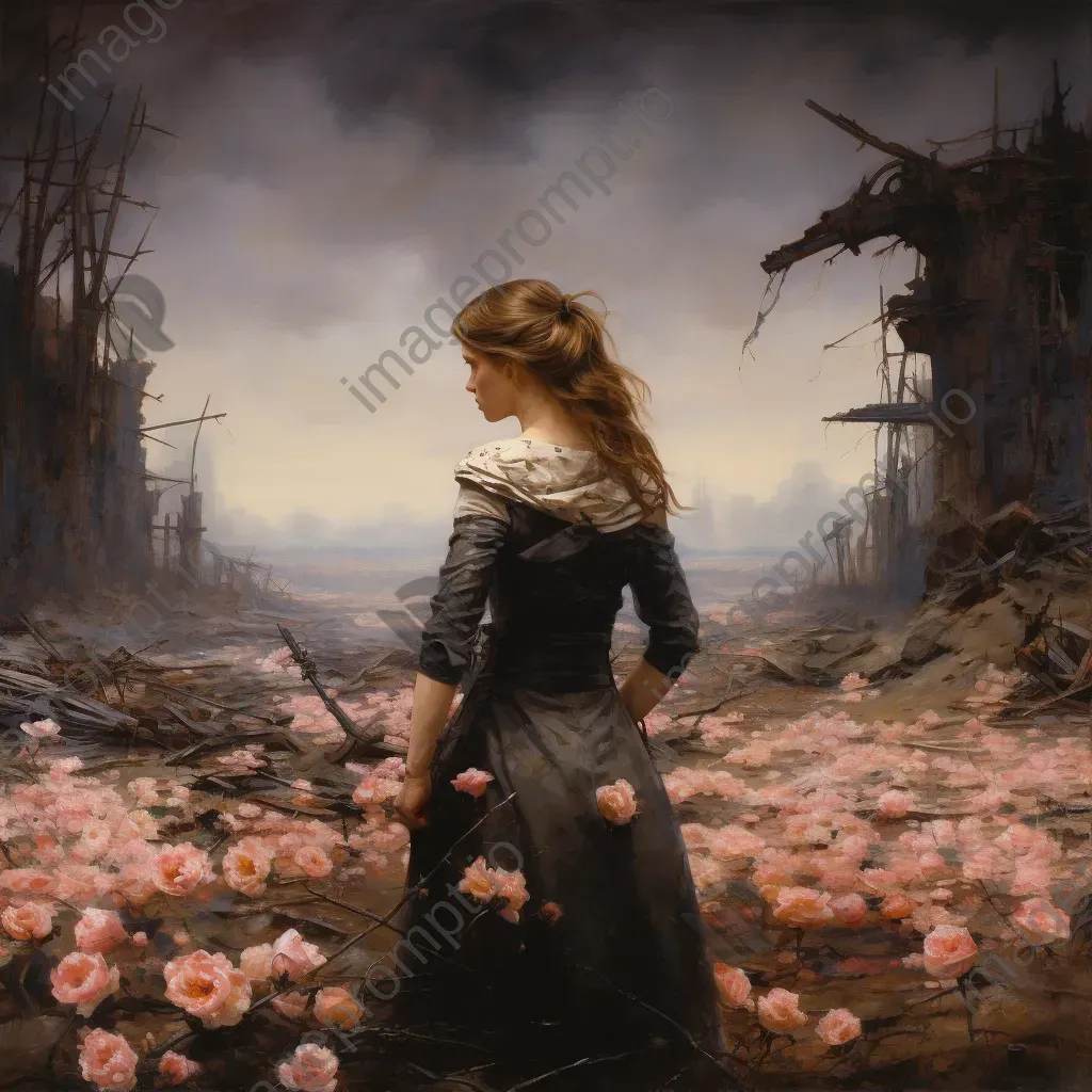 Artwork of a war-ravaged battlefield blossoming with floral beauty, signaling resilience and life - Image 2