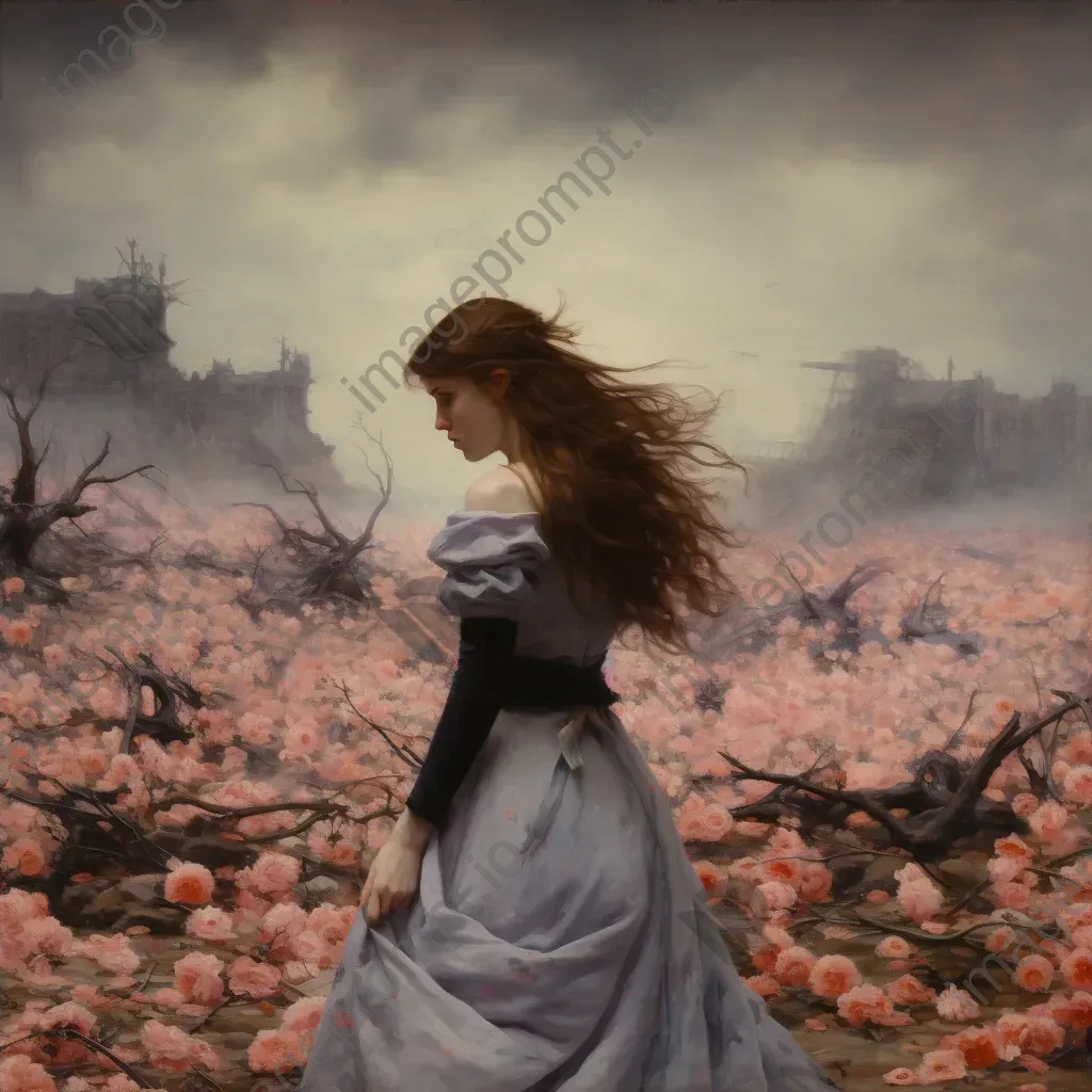 Artwork of a war-ravaged battlefield blossoming with floral beauty, signaling resilience and life - Image 4