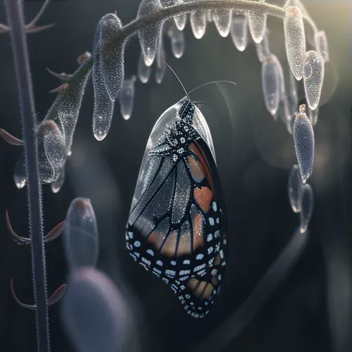 Artistic depiction of butterfly emerging from chrysalis with morning dew backdrop - Image 3