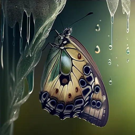 Artistic depiction of butterfly emerging from chrysalis with morning dew backdrop - Image 4